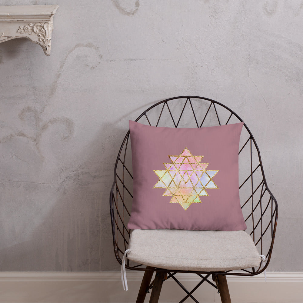 cosmic powers collection by goddess swag.  Throw pillow with Sri Yantra designs on front and back, colors of light pastels and gold on a solid rose color background.  This is the pillow insert and removable cover.